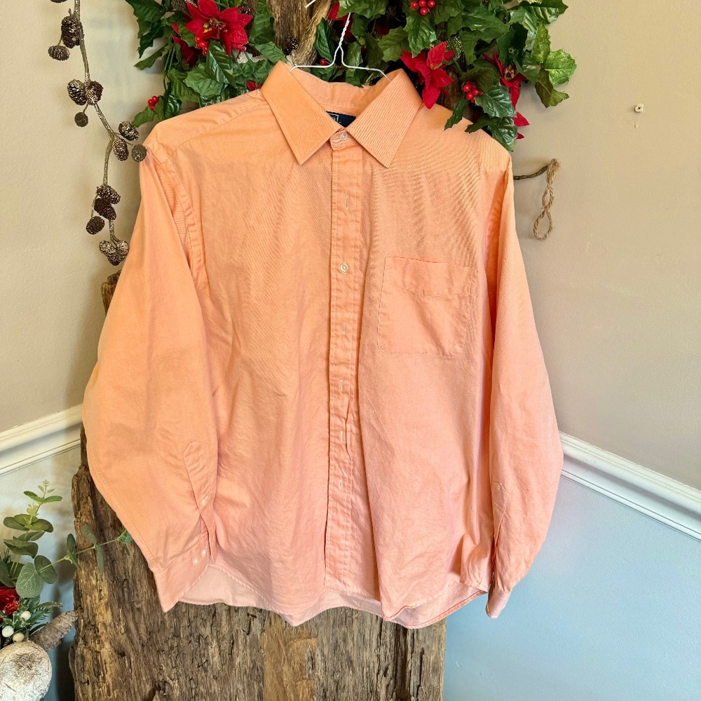 Men's Long Sleeve Bright Orange Stripe Polo Button Up Size 17 34/35